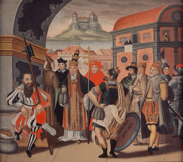 Allégorie du mercenariat, vers 1625. Si le soldat de gauche, vêtu d’un uniforme rouge et noir typique de sa profession, possède une bourse bien garnie, il est aussi retenu par des chaînes. Plusieurs r ...