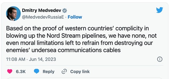«A la suite des preuves de la complicité des pays occidentaux dans la destruction des pipelines Nord Stream, il ne nous reste aucune limite, même morale, qui nous retiendra de détruire les câbles de c ...