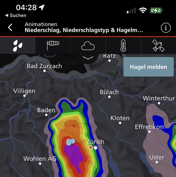 Niederschlagsradar in Zürich am 16. Juni 2022