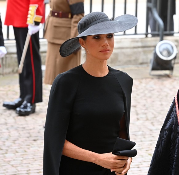 Meghan, Duchess of Sussex arrives for the funeral service of Queen Elizabeth II at Westminster Abbey in central London, Monday Sept. 19, 2022. The Queen, who died aged 96 on Sept. 8, will be buried at ...