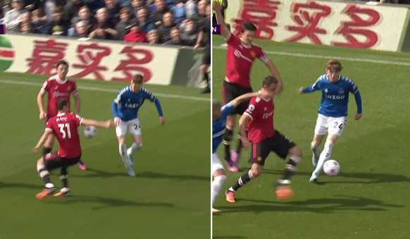 1. Matic (No 31) touche le ballon avec le bras. 2. Maguire (de face, en rouge) le dénonce incidemment.