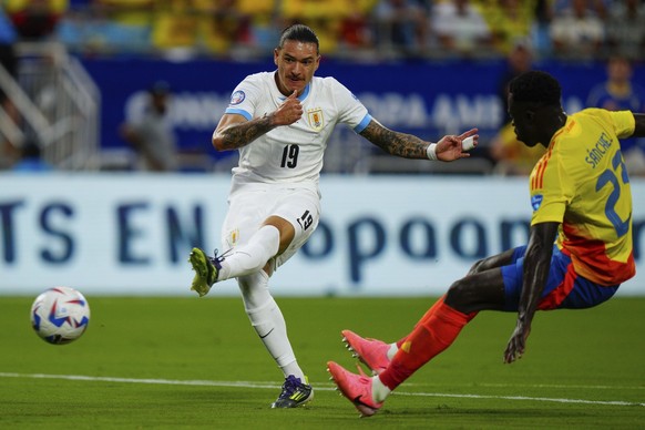 Uruguay&#039;s Darwin Nunez shots at Colombia&#039;s goal during a Copa America semifinal soccer match in Charlotte, N.C., Wednesday, July 10, 2024. (AP Photo/Jacob Kupferman)