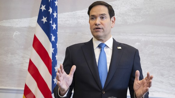 US Secretary of State Marco Rubio speaks to the media during a refueling stop at Shannon Airport in Shannon, Ireland, on Wednesday, March 12, 2025. (Saul Loeb/Pool Photo via AP)
Russia Ukraine War Sau ...