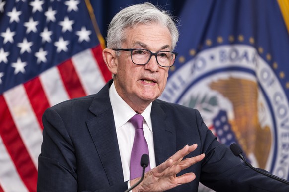 epa10094330 Federal Reserve Board Chairman Jerome Powell holds a news conference after the Fed decided to once again raise interest rates by three-quarters of a percentage point at the William McChesn ...
