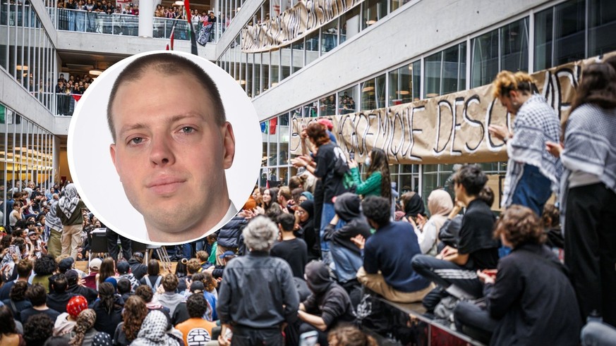 Occupation dans le bâtiment Géopolis de l'Unil. 6 mai 2024. Médaillon: Thibault Schaller.