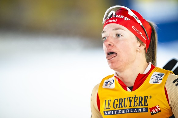 Nadine Faehndrich of Switzerland reacts during semifinal of the women&#039;s free style sprint race of the third stage of the Tour de Ski, in Davos, Switzerland, on Wednesday, January 3, 2024. (KEYSTO ...