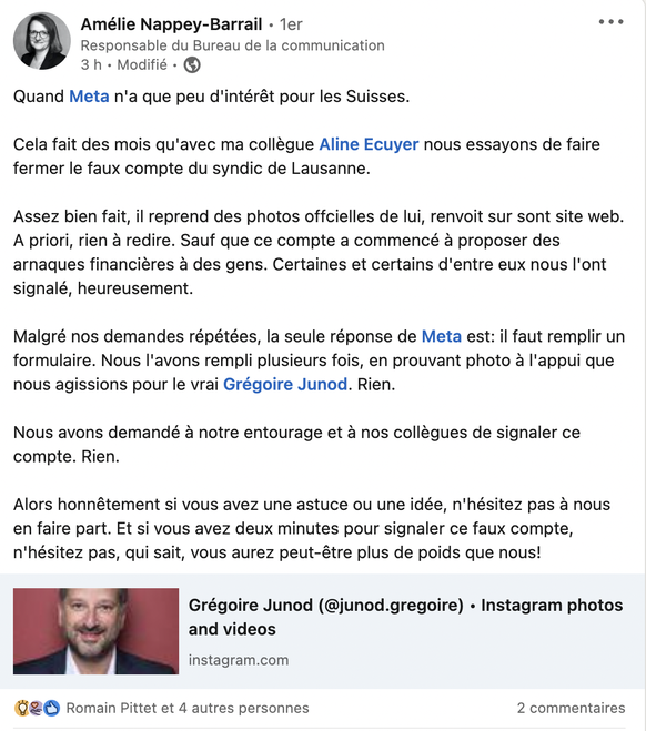 post LinkedIn de la responsable communication d&#039;Amélie Nappey-Barrail concernant la fausse page Instagram de Gégoire Junod