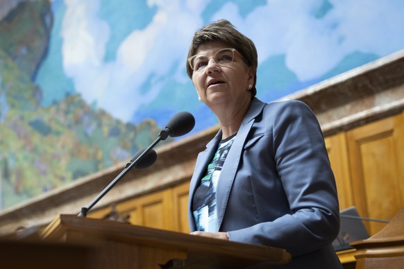 Bundesraetin Viola Amherd spricht waehrend der Debatte ueber die Armeebotschaft 2023, in der Sommersession der Eidgenoessischen Raete, am Mittwoch, 14. Juni 2023, in Bern. (KEYSTONE/Peter Klaunzer)