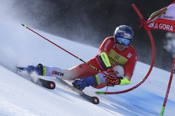 Switzerland&#039;s Marco Odermatt speeds down the course during an alpine ski, men&#039;s World Cup giant slalom in Kranjska Gora, Slovenia, Sunday, March 12, 2023. (AP Photo/Marco Trovati)