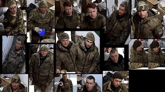 Soldats russes immortalisés par les caméras de surveillance d'un transporteur biélorusse baptisé CDEK, le 2 avril. 