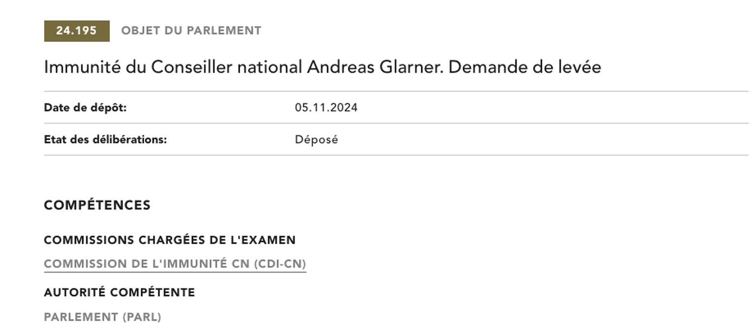 La demande de levée de l&#039;immunité d&#039;Andreas Glarner.