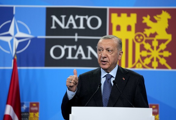 Turkish President Recep Tayyip Erdogan speaks during a media conference at a NATO summit in Madrid, Spain on Thursday, June 30, 2022. North Atlantic Treaty Organization heads of state met for the fina ...