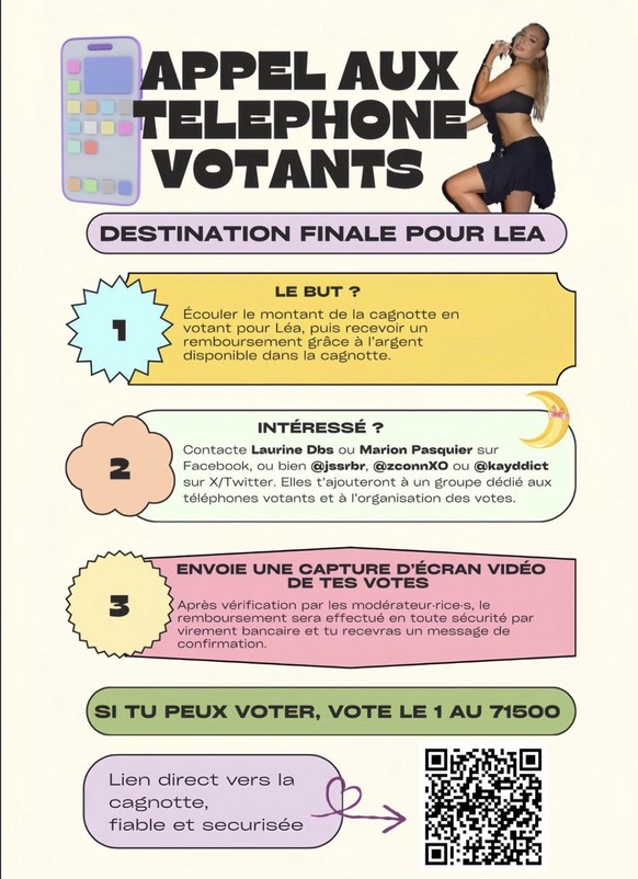 appel aux téléphones votants pour faire gagner Léa, la candidate suisse à la Star Academy