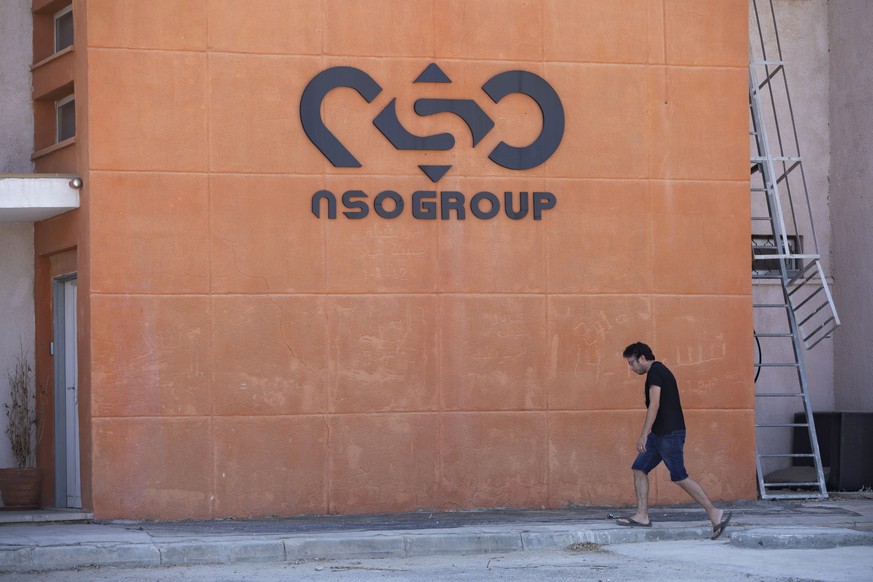 FILE - A logo adorns a wall on a branch of the Israeli tech company NSO Group, near the southern Israeli town of Sapir, Aug. 24, 2021. Shalev Hulio, the chief executive of embattled Israeli spyware ma ...