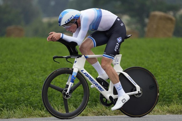 Switzerland&#039;s Stefan Kung competes during the fifth stage of the Tour de France cycling race, an individual time-trial over 27.2 kilometers (16.9 miles) with start in Change and finish in Laval E ...