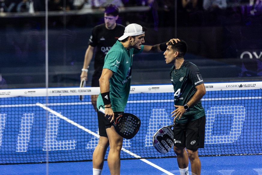 MILAN, ITALY - OCTOBER 12: Alejandro Galan of Spain and Federico Chingotto of Argentina celebrate during the OYSHO Milano Premier Padel P1 Final match between Arturo Coello of Spain and Agustin Tapia  ...
