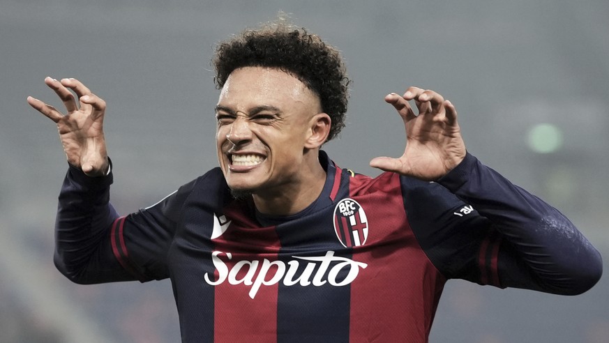 Bologna&#039;s Dan Ndoye celebrates after scoring the 1-0 goal for his team during the Serie A soccer match between Bologna and Venezia at Renato Dall&#039;Ara Stadium in Bologna, Italy, Saturday, Nov ...