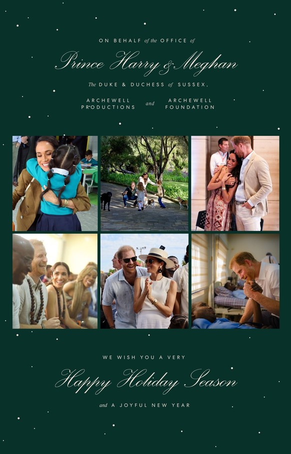 «Au nom du bureau du prince Harry et Meghan, du duc et de la duchesse de Sussex, d'Archewell Productions et de la Fondation Archewell, nous vous souhaitons de très joyeuses Fêtes de fin d'année et une ...