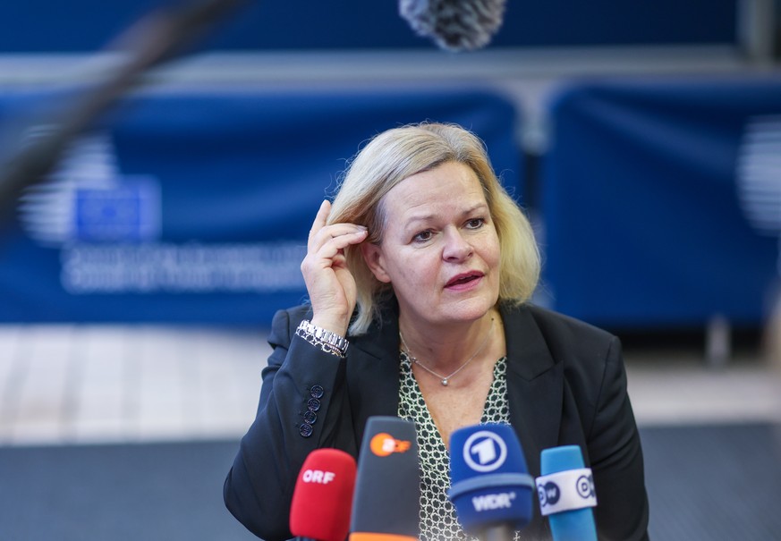 epa11651965 German Interior Minister Nancy Faeser speaks to the media as she attends the European home affairs ministers council in Luxembourg City , Luxembourg, 10 October 2024. The returns of irregu ...