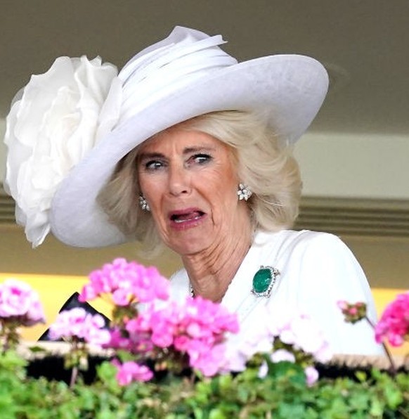 ASCOT, UNITED KINGDOM - JUNE 20: (EMBARGOED FOR PUBLICATION IN UK NEWSPAPERS UNTIL 24 HOURS AFTER CREATE DATE AND TIME) King Charles III and Queen Camilla watch, from the Royal Box, their horse &#039; ...