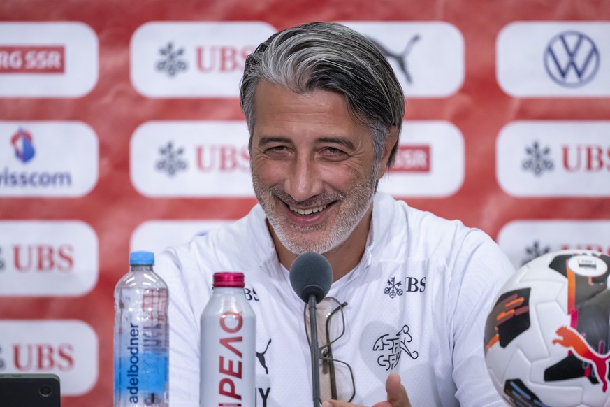 Switzerland&#039;s head coach Murat Yakin during a press conference the day before the FIFA 2026 World Cup Group B qualifying soccer match between Switzerland and Kosovo at the St. Jakob-Park stadium  ...