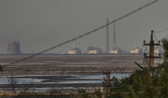 FILE - The Zaporizhzhia nuclear power plant, Europe&#039;s largest, is seen in the background of the shallow Kakhovka Reservoir after the dam collapse, in Energodar, Russian-occupied Ukraine, Tuesday, ...