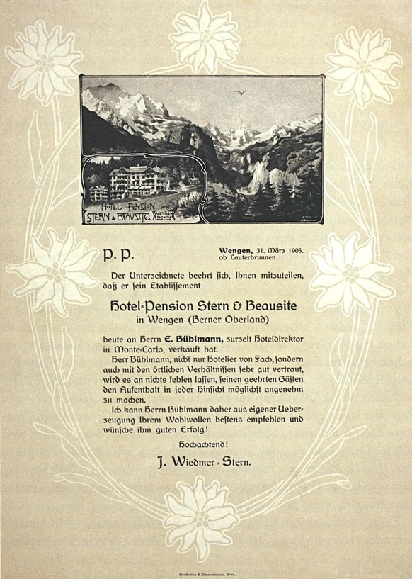 Annonce de la vente de l’hôtel-pension Stern &amp; Beausite à Wengen, 31 mars 1905.
https://www.chronos-verlag.ch/node/27665