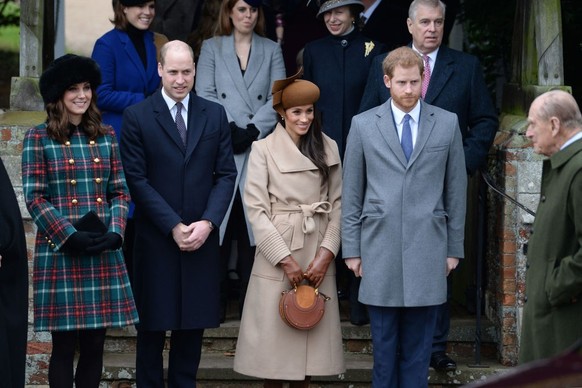 The Duke and Duchess of Cambridge, Meghan Markle and Prince Harry leave the Christmas Day morning church service at St Mary Magdalene Church in Sandringham, Norfolk. (Photo by Joe Giddens/PA Images vi ...
