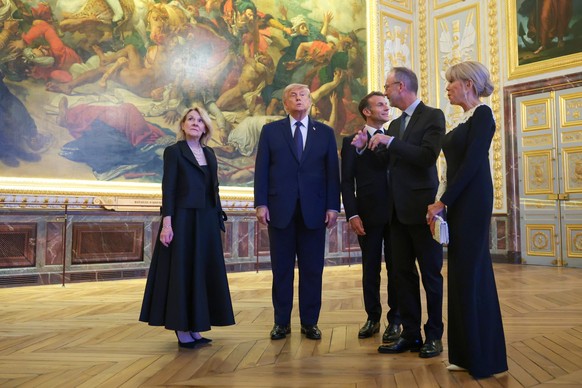 Left to right; Minister of Culture Catherine Pegard, President Donald Trump, President of France Emmanuel Macron, Laurent Salome, and Brigitte Macron take a tour of Chateau de Versailles ahead of a di ...