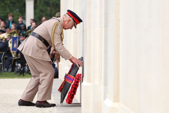 VER-SUR-MER, FRANCE - JUNE 06: King Charles III lays a wreath during the UK Ministry of Defence and the Royal British Legion’s commemorative event at the British Normandy Memorial to mark the 80th ann ...