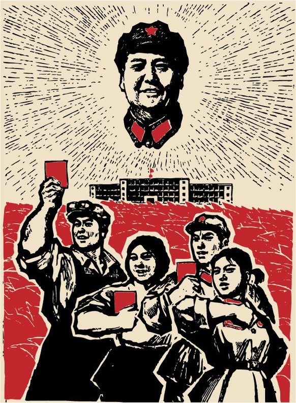 Le dictateur Mao Zedong est régulièrement représenté au centre d'un grand soleil qui rayonne loin à la ronde.