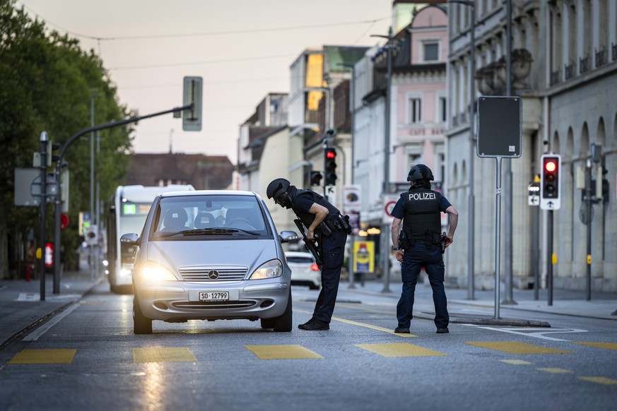 Police officers are patrolling a street in downtown Aarau on August 30, 2026 in Aarau, Switzerland. A shooting occurred during an event at the Schachen in Aarau late Saturday night. Several people wer ...