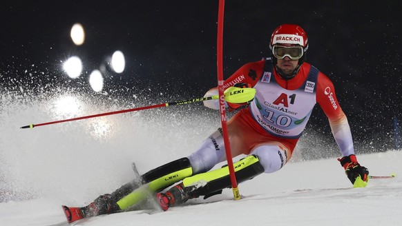 Switzerland&#039;s Ramon Zenhaeusern competes during an alpine ski, men&#039;s World Cup slalom race in Schladming, Austria, Tuesday, Jan. 24, 2023. (AP Photo/Marco Trovati)