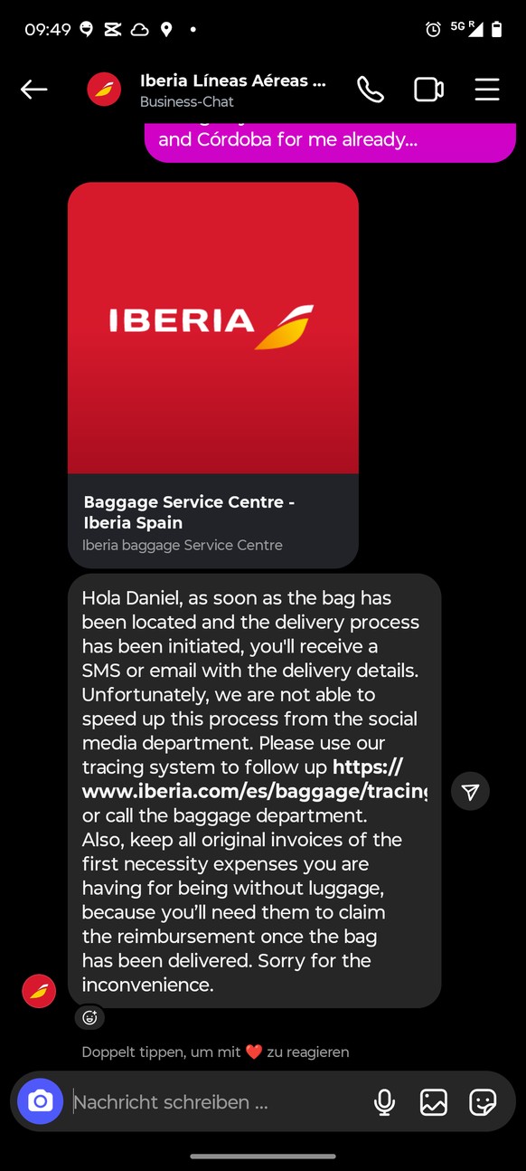 Daniel - Iberia Airline, verlorenes Gepäck