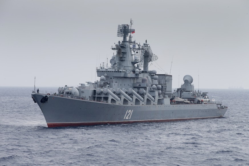 FILE - In this photo provided by the Russian Defense Ministry Press Service, Russian missile cruiser Moskva is on patrol in the Mediterranean Sea near the Syrian coast on Dec. 17, 2015. (Russian Defen ...