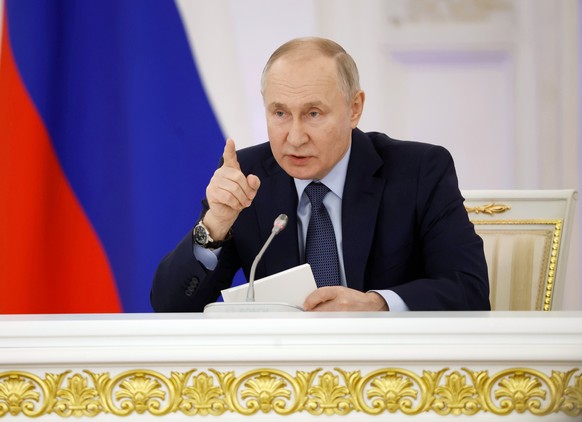 epa11045868 Russian President Vladimir Putin attends a meeting of the State Council on enhancing the role of teachers and mentors at the Kremlin in Moscow, Russia, 27 December 2023. EPA/DMITRY ASTAKHO ...