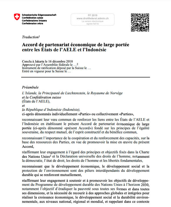 L’accord de partenariat économique entre l’AELE et l’Indonésie (première page).