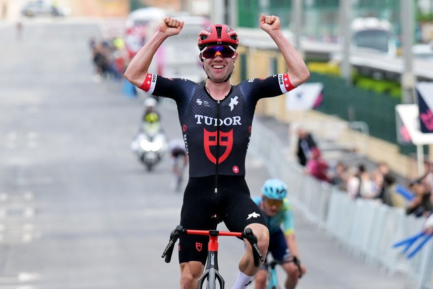 LA NUNCIA, SPAIN - JANUARY 26: Marc Hirschi of Switzerland and Tudor Pro Cycling Team celebrates at finish line as race winner during the 41st Classica Comunitat Valenciana 1969 - Gran premi Valencia  ...