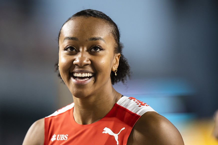 Sarah Atcho of Switzerland reacts after a Women&#039;s 60 meters heat at the European Athletics Indoor Championships 2023 at the Atakoy Athletics Arena in Istanbul, Turkey on March 3, 2023. (KEYSTONE/ ...