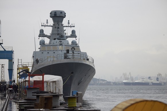 epa11207331 A handout photo made available by the Ukrainian Presidential Press Service shows the Ivan Mazepa corvette at a shipyard where corvettes for the Ukrainian Naval Forces are being built in Is ...