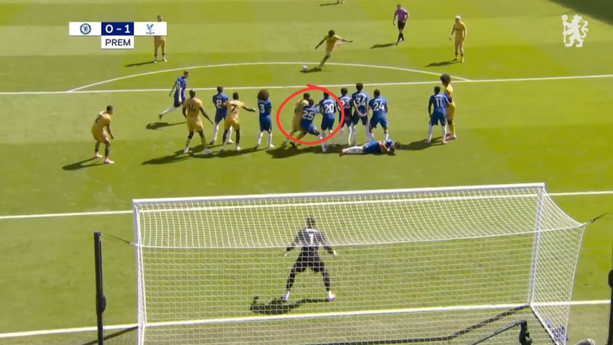 Avant la frappe, le joueur de Crystal Palace Marc Guéhi (en jaune, dans le cercle rouge) est à moins d'un mètre du mur formé par les joueurs de Chelsea. Une position illicite.