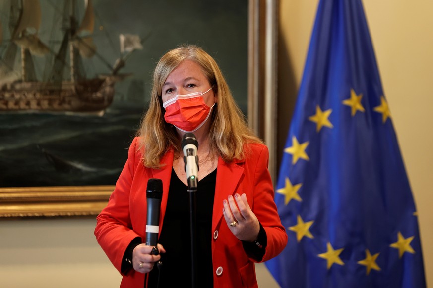 epa09481919 Nathalie Loiseau, chair of the sub-committee on Security and Defense in the European Parliament, addresses the media following her meeting with Spanish Defense Minister Margarita Robles (n ...