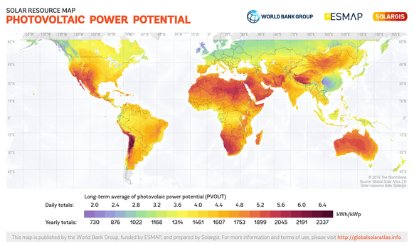 Le potentiel solaire dans le monde. La même centrale produit trois fois plus au Chili qu'en Écosse.