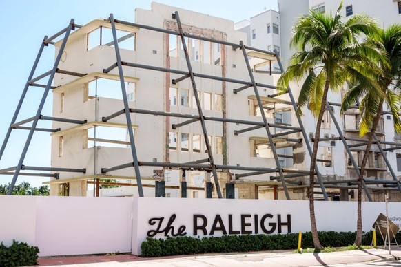 Miami Beach, Florida, Collins Avenue, The Raleigh Miami Beach sign, under construction renovation. (Photo by: Jeffrey Greenberg/Universal Images Group via Getty Images)