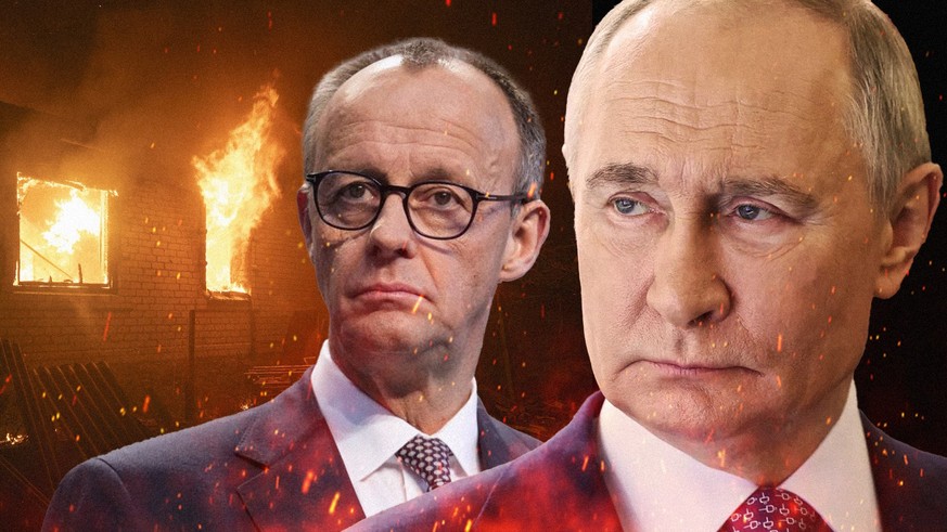 Bombardements russes à Druzhkivka, en Ukraine, 4 mai 2025. A gauche, Friedrich Merz, à droite, Vladimir Poutine.