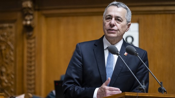 Bundesrat Ignazio Cassis spricht zur Grossen Kammer ueber den Aussenpolitischen Bericht, an der Sommersession der Eidgenoessischen Raete, am Donnerstag, 18. Juni 2026 im Staenderat in Bern. (KEYSTONE/ ...