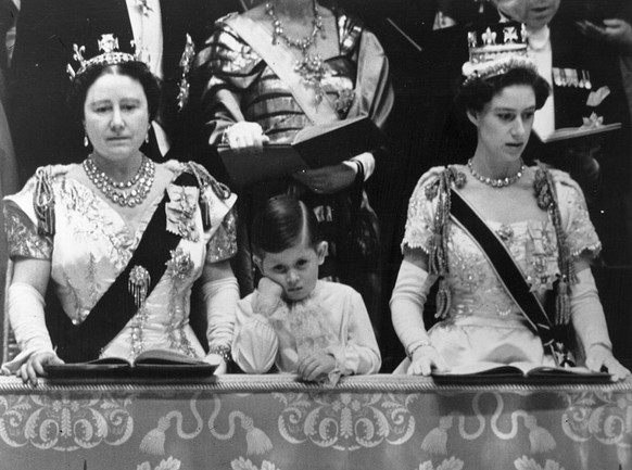 Queen Elizabeth Queen Mother and Prince Charles with Princess Margaret Rose (1930 - 2002) in the royal box at Westminster Abbey watching the Coronation ceremony of Queen Elizabeth II. (Photo by Topica ...