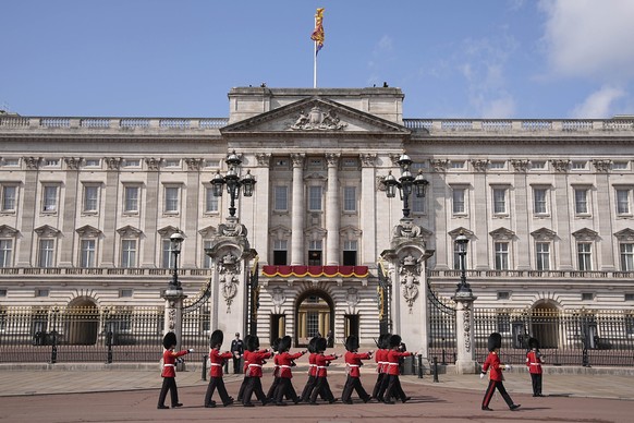 Members of the Foot Guards march outside Buckingham Palace ahead of Trooping the Colour ceremony, the king&#039;s annual birthday parade, in London, Saturday, June 14, 2025. (Aaron Chown/PA via AP)
Br ...