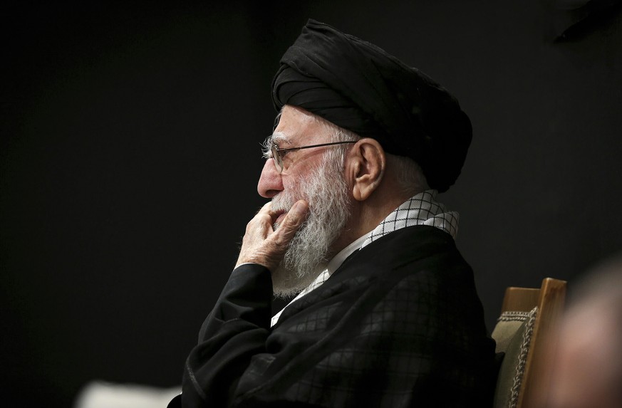 In this photo provided by the Office of the Iranian Supreme Leader, Supreme Leader Ayatollah Ali Khamenei attends a mourning ceremony commemorating the death anniversary of the Prophet Muhammad&#039;s ...