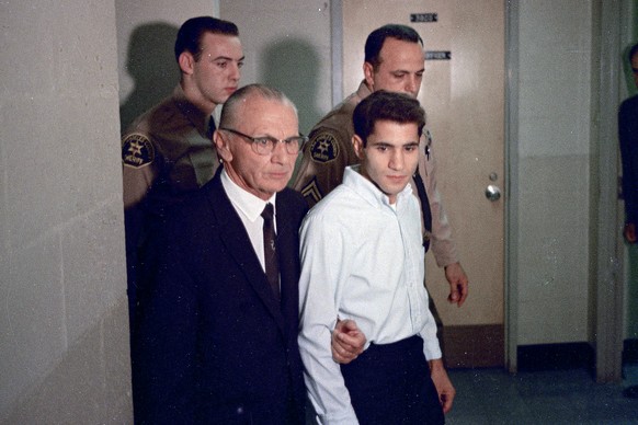 FILE - Sirhan Sirhan, right, accused of assassinating Sen. Robert F. Kennedy, is seen with his attorney Russell E. Parsons in Los Angeles in June 1968. (AP Photo, File)
Sirhan Sirhan